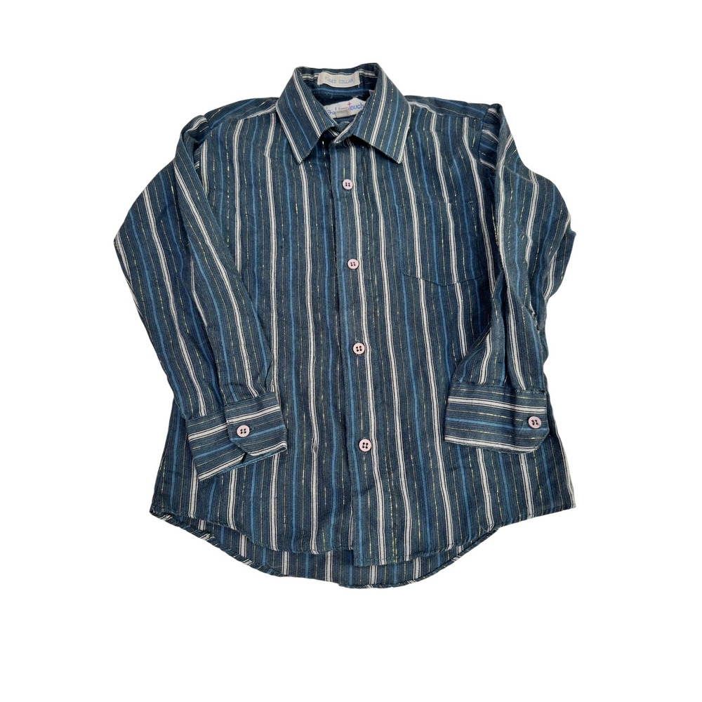 Vintage 90s Golden Touch Boys Blue Button Down Shirt Gold Metallic Size 6